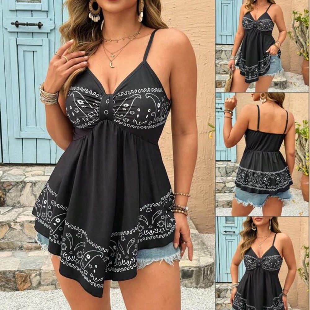 🖤🆕🖤 SHEIN Plus Size Summer Casual Paisley Black & White Camisole Women 18 (3XL)